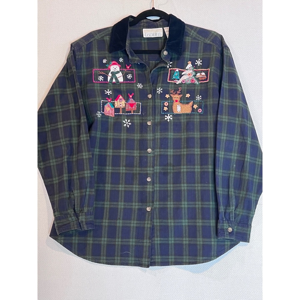 Casey & Max XL Christmas Holiday Plaid Button Up Shirt Embroidered - READ